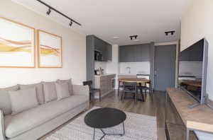 Home Elegant modern living space with grey couch, minimalist decor, and open kitchenette.